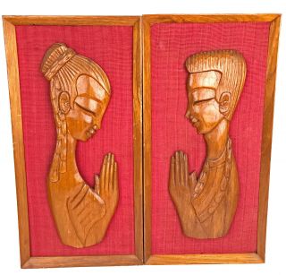Vintage Mid Century Carved Teak Wall Art Pair Man & Woman Praying Witco 20 " L