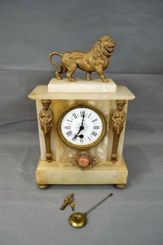 Antique Alabaster Mantel Clock With Brass Lion On Top Key & Pendulum