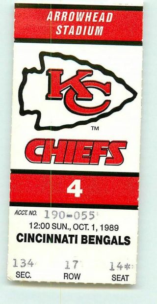 Ticket Football Kansas City Chiefs 1989 10/1 Cincinnati Derrick Thomas Sack