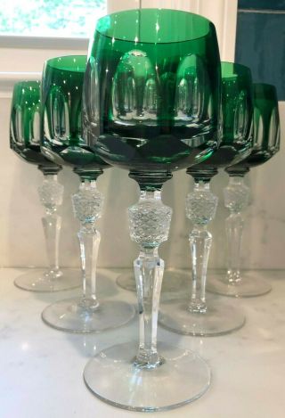 Vintage Set Of 6 Cut To Clear Emerald Green Crystal Wine Glasses
