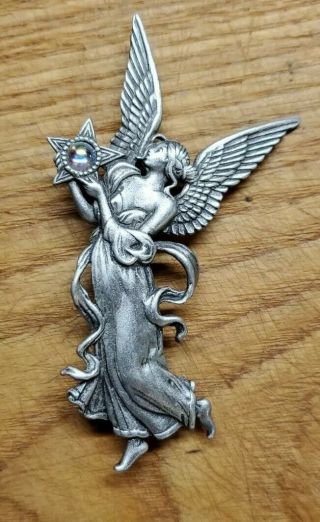 Vintage Jj Angel Crystal Star Pin Costume Jewelry Pewter Finish