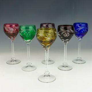 Antique Set Of Six Bohemian - Harlequin Coloured & Clear Glass Hock Glasses