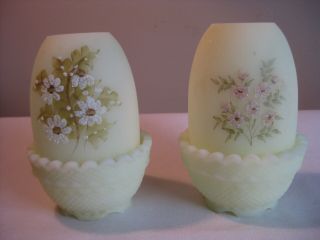 2 Vintage Fenton Lime Green Satin Fairy Lamp Light Candle Holders Hand Painted