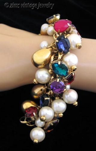Vintage 80’s Colorful Multi Color Lucite Gemstone Pearl Gold Full Charm Bracelet