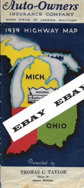 1939 Highway Map - Michigan - Indiana - Ohio - Auto - Owners Insurance Company