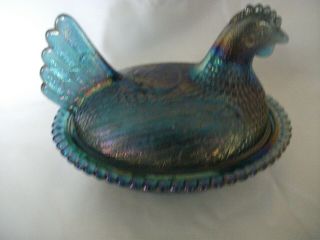 Vintage Carnival Glass Iridescent Blue Hen On Nest Candy Dish
