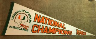 Vintage University Of Miami Hurricanes National Champions Pennant 29 " In Length