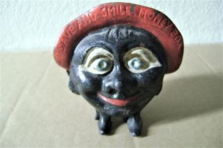 Antique Cast Iron Bank Save And Smile Money Box Black Face Americana Orig.  Paint