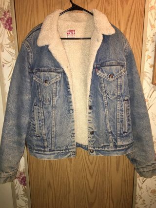Vintage 1980’s Levi Sherpa Lined Jacket With Harley Patch Great Cond.  Sz.  44 L