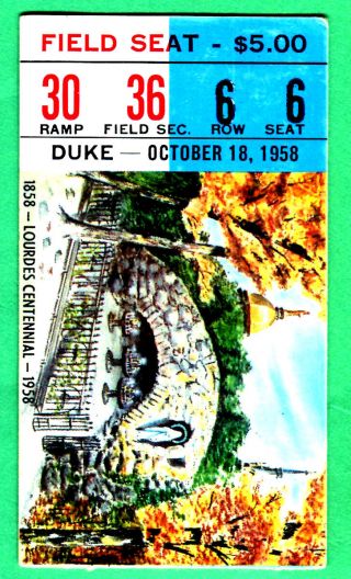 Vintage 10/18/58 Notre Dame Vs.  Duke Football Ticket Stub
