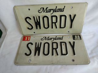 Maryland Vanity License Plates: " Swordy " Expired.  1988.  For Display/crafts.