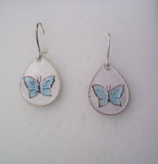 Vintage Teardrop Earrings Guilloche Enamel - Sterling Wire - Light Blue Butterfly