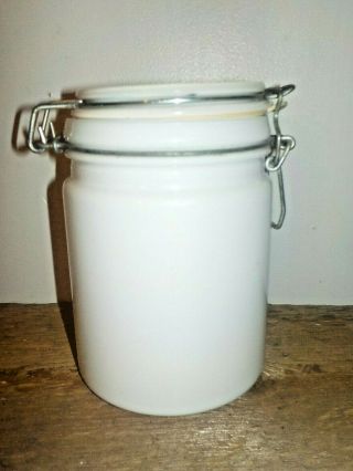 Vintage Milk Glass Canister Storage Jar Bale Wire Rubber Locking Lid Hallmark