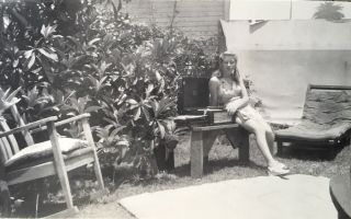 Vtg 1940’s Photo School Girl Listens & Plays Record Player In Swim Suit