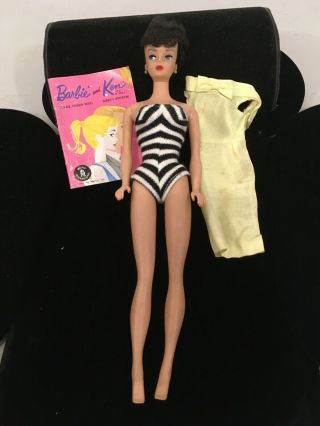 Early Vintage 3 Barbie Doll Brunette Ponytail With Book And Yellow Dress