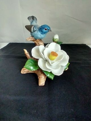 Vintage 1987 Andrea By Sadek Blue Bird On Magnolia Bloom Figurine,  Signed,  7914