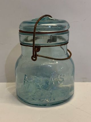 Vintage Atlas E - Z Seal Aqua Blue Squat Pint Canning Jar W/ Glass Lid & Bail