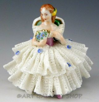 Antique Volkstedt Dresden Germany 3 " Figurine Lace Lady Girl Sitting W/ Fan
