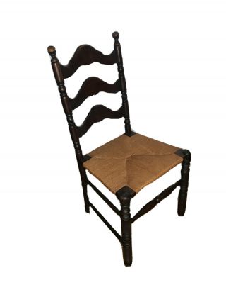 Vintage French Country Style Ladderback Farmhouse Chair Rush Seat | Dark Brown
