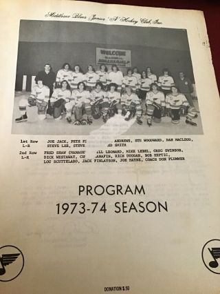 Rare - Massachusetts Middlesex Blues Junior A Hockey Club Program 1973