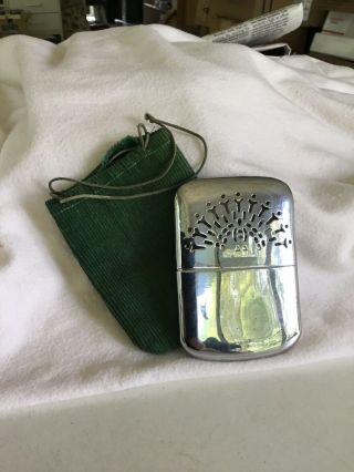Vintage 4 " Pocket Hand Warmer Chrome With Green Corduroy Pouch Made In Hong Kong