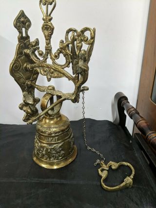 Vintage Large.  Wall Mounted Ornate Pull Chain Brass Door Bell Embossed.  Qvi,  Evdot,