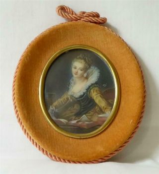 Finely Painted Antique Early 20th Century French Portrait Miniature Velvet Frame