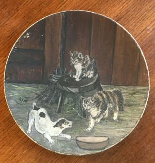 Vintage Terrier Dog Tabby Cat Kitten Painting Antique Folk Art On Plate