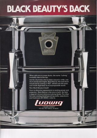 1989 Vintage Ludwig Black Beauty Snare Drum Page Ad