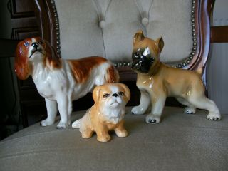 3 X Vintage Ceramic Dog Figures - Sylvac Goebel Melba Ware - Boxer Peke Spaniel