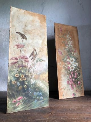 Pair Antique French Oil Paintings On Canvas - 1 Flowers,  1 Birds & Flowers