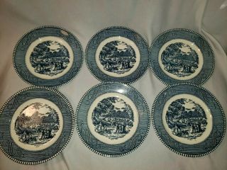 Vintage Currier And Ives Blue White Small Bread 6 " Plates " Harvest " - Set Of 6