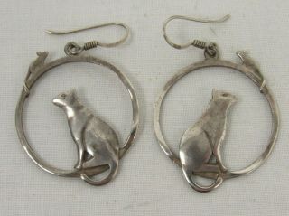 Vintage 925 Sterling Silver Earrings Dangle Cat And Mouse In Circle - Bri C3