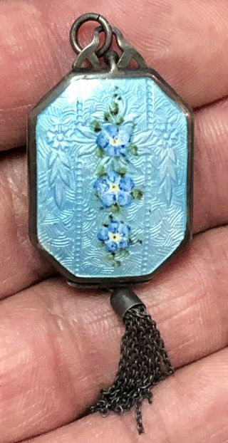 Antique Sterling Silver Blue Guilloche Enamel Locket Pendant W/ Tassel