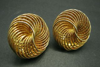 Vintage Bright Gold Tone Clip - On Earrings Slinky Swirl Wire Spiral Round Coiled