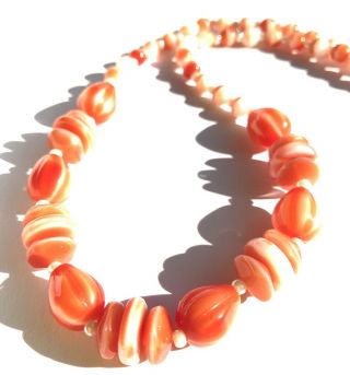 Vintage Orange White Glass Bead Necklace 20” Czech Or French 1920s Art Deco