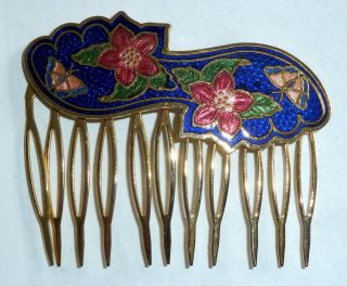 A Vintage 1980s Gold Tone Cloisonne Enamel Hair Grip With Butterflies & Flowers