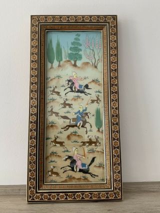 Vintage Persian Hand Painted Art & Khatam Inlaid Micro Mosaic Marquetry Frame