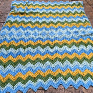 Vintage Hand Knit Crocheted Blanket Afghan Blue Gold Chevron Zig Zag 60”x 52 "