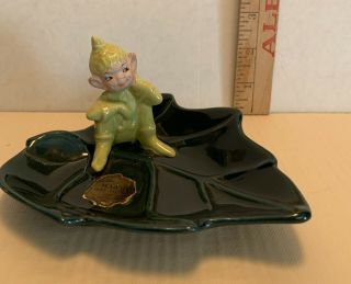 Vintage Gilner Pixie Elf Candy Tray Pin Dish Pottery Green & Chartreuse Haas