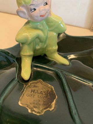 VINTAGE GILNER PIXIE ELF Candy Tray Pin Dish POTTERY Green & Chartreuse Haas 3