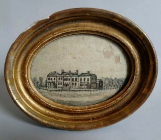 Antique Georgian Regency Hairwork Embroidery Picture Of House Gilt Frame C1800