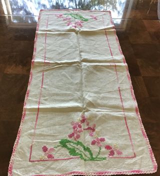 Vintage Pink & Green Cross - Stitched Dresser Scarf Or Table Runner
