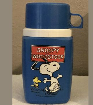 Vintage Peanuts Gang Snoopy & Woodstock Blue Lunch Box Thermos