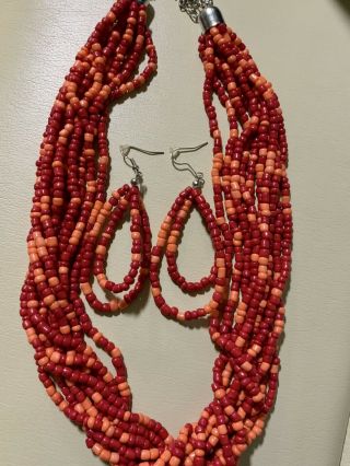 Vtg Red Seed Bead 10 Strand Layered Necklace Bohemian With Matching Earrings
