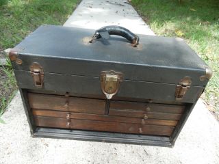 Corbin Antique 20 " Leather Wrapped Wooden Machinist Tool Box Chest 7 Drawers Usa