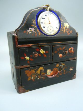 Antique Japanese Lacquered Miniature Chest Of Drawers With Pocket Watch Stand