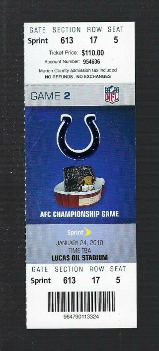 2009 - 10 Nfl Afc Championship Jets @ Colts Full Football Ticket - Peyton Manning