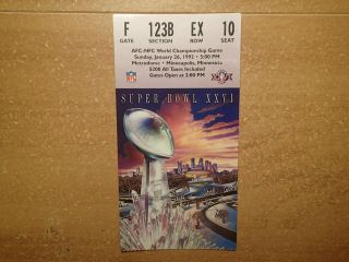 Bowl Xxvi 26 - Washington Redskins/buffalo Bills - 1992 Ticket Stub
