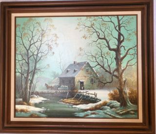 - Larry Mayer - Vintage Oil Painting On Canvas Of Winter Scene Sled And Cabin